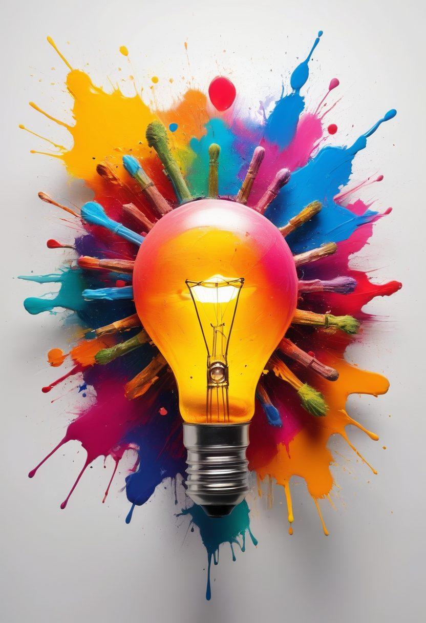 A canvas bursting with colorful paint splashes representing creative ideas coming to life, with silhouettes of artists at work transforming their visions into vibrant, abstract shapes. Include elements like light bulbs, gears, and branding logos emerging from the paint. Encourage a sense of innovation and artistic expression. surrealism. vibrant colors. 3D.